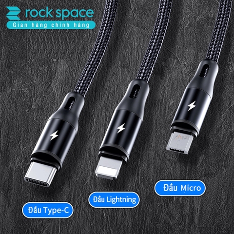 Dây Cáp Sạc Chính Hãng ba đầu Rockspace G15 Lightning, Micro, TypeC  dây dù, sạc 3 thiết bị cùng lúc BH 1 năm