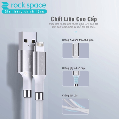 Dây cáp sạc iPhone silicon nam châm Rockspace, sạc nhanh,ổn định, màu trắng, độ dài 90cm, chính hãng bảo hành 12 tháng