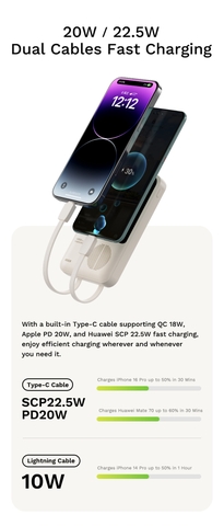 Pin sạc dự phòng tích hợp dây sạc Rockspace P95 sạc nhanh 22.5w 10000mAh hàng chính hãng có BH