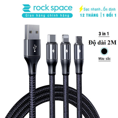 Dây cáp sạc Rockspace  2m dây dù 3 cổng Lightning / Micro USB/ chuẩn C sạc 3 thiết bị cùng lúc,sạc nhanh,hàng chính hãng
