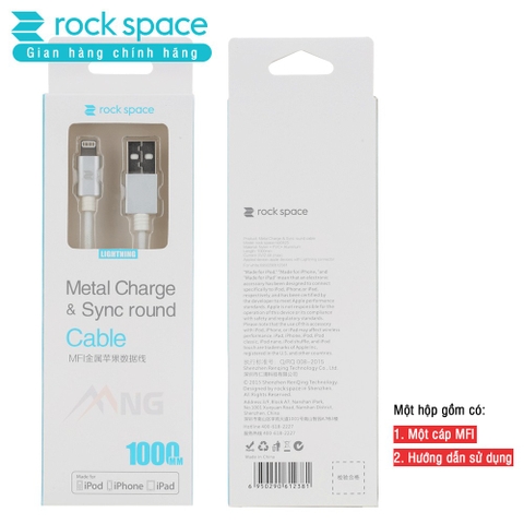 Cáp sạc Rockspace dây dù đầu kim loại chuẩn MFI dành cho iphone, sạc nhanh, ổn định, chính hãng bảo hành 1 năm