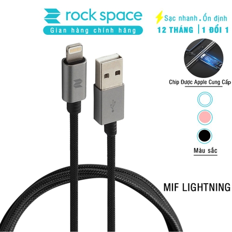 Cáp sạc Rockspace dây dù đầu kim loại chuẩn MFI dành cho iphone, sạc nhanh, ổn định, chính hãng bảo hành 1 năm