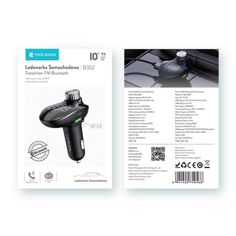 Tẩu sạc trên xe hơi kiêm đầu thu/ phát FM Rockspace B302 kết nối bluetooth hàng chính hãng BH 1 năm