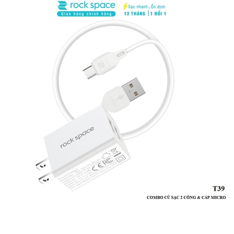 Bộ sạc nhanh Micro Rockspace T39 2 cổng 2,4A  Cáp sạc micro màu trắng hàng chính hãng BH12 tháng