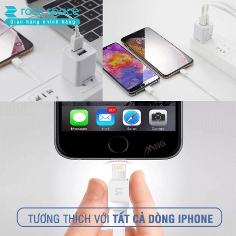 Dây cáp sạc cho iphone Rockspace Lightning Flat Data S05 100cm, dây dẹt màu trắng, xám, sạc nhanh cho iphone