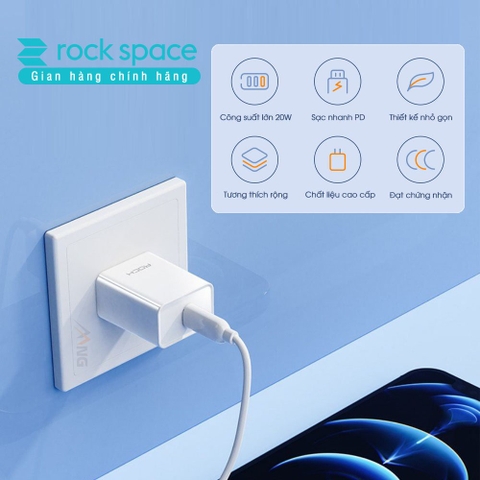 Củ sạc nhanh iphone 12 20W Rockspace T12pro sạc nhanh iphone chuẩn PD, cổng ra typeC bảo hành 1 đổi 1 trong 12 tháng