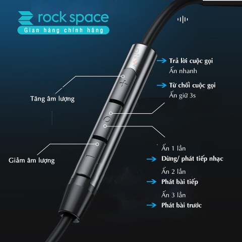 Tai nghe nhét tai có dây có mic Rockspace Obsidian chân cắm 3.5 có mic nghe gọi hàng chính hãng bảo hành 1 năm