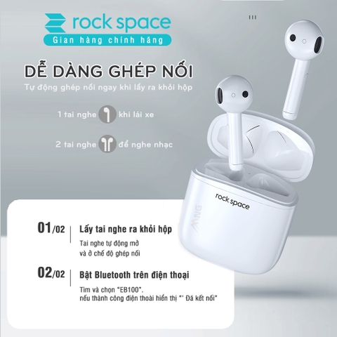 Tai nghe bluetooth không dây nhét tai Rockspace EB100, tw5, có mic, chơi game, nghe nhạc, chính hãng bảo hành 12 tháng