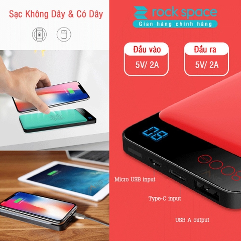 Pin dự phòng kiêm sạc không dây Rock space P39 8000 mAh-  Hàng chính hãng bảo hành 12 tháng lỗi 1 đổi 1