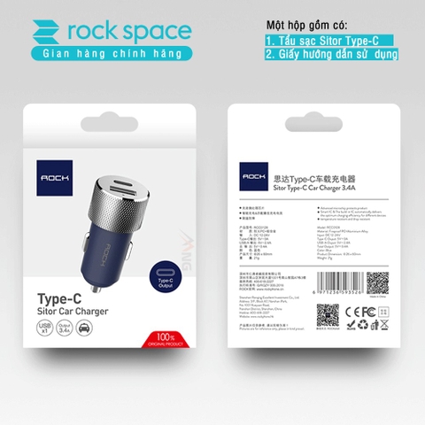Tẩu sạc 2 cổng sạc nhanh trên xe hơi Rockspace Sitor typeC