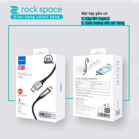Dây cáp sạc nhanh TypeC Rockspace M1 dây dù sạc nhanh 6A độ dài 1m, hàng chính hãng bảo hành 12 tháng