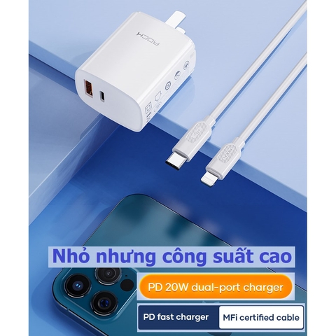 Củ sạc nhanh iPhone Rockspace T42,2 cổng USB-TypeC sạc nhanh 18w,20W,ổn định,không nóng máy,nhỏ gọn,hàng