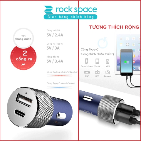 Tẩu sạc 2 cổng sạc nhanh trên xe hơi Rockspace Sitor typeC
