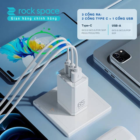Củ sạc nhanh PD 65W Rockspace 3 Cổng USB Type C 4.0 3.0 PD sạc nhanh cho điện thoại laptop Hàng chính hãng có BH