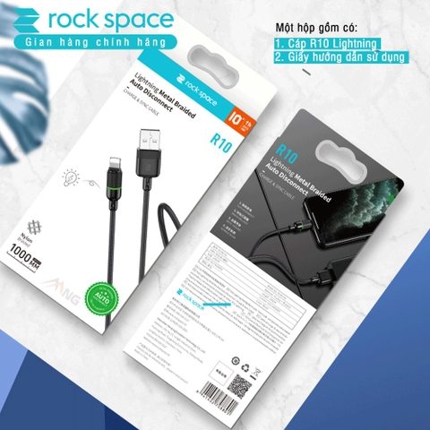 Dây Cáp Sạc iPhone chính hãng Rockspace R10 sạc nhanh tự ngắt khi đầy pin dây dù có đèn led báo sạc Bảo hành 1 năm