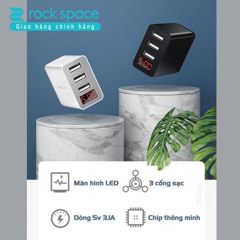 Củ sạc Rock T14 Pro 3 cổng thông minh có màn hình LED hiển thị điện áp và cường độ dòng điện, sạc 3 máy một lúc