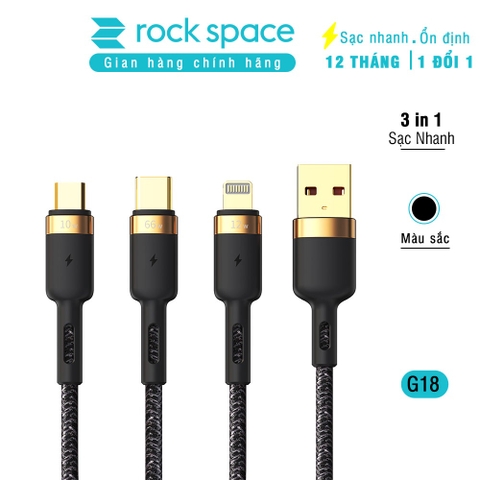 Dây cáp sạc nhanh chính hãng ba đầu Rockspace G18 Lightning, Micro, TypeC dây dù, sạc 3 thiết bị cùng lúc, BH 12 tháng