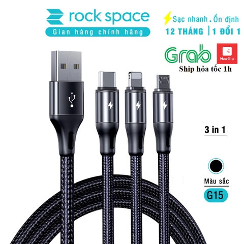 Dây Cáp Sạc Chính Hãng ba đầu Rockspace G15 Lightning, Micro, TypeC  dây dù, sạc 3 thiết bị cùng lúc BH 1 năm