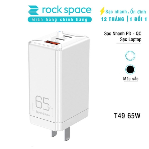 Củ sạc nhanh PD 65W Rockspace 3 Cổng USB Type C 4.0 3.0 PD sạc nhanh cho điện thoại laptop Hàng chính hãng có BH