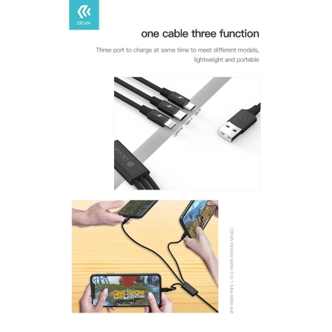 Dây Cáp Sạc ba đầu Devia dây dù, sạc 3 thiết bị cùng lúc - Hàng chính hãng Bảo hành 12 tháng