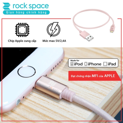 Cáp sạc Rockspace dây dù đầu kim loại chuẩn MFI dành cho iphone, sạc nhanh, ổn định, chính hãng bảo hành 1 năm
