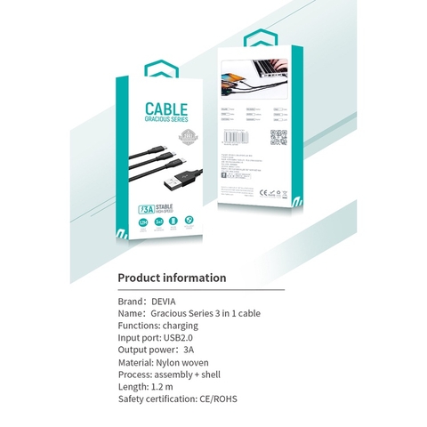 Dây Cáp Sạc ba đầu Devia dây dù, sạc 3 thiết bị cùng lúc - Hàng chính hãng Bảo hành 12 tháng