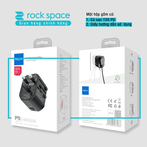 Củ sạc đa chức năng T20 sạc nhanh chuẩn PD cho iPhone, sạc nhanh cho Samsung - Chính hãng Rockspace