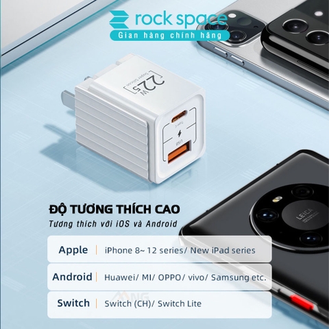 Củ Sạc Nhanh iPhone Rockspace T66 mini,2 cổng USB-TypeC chuẩn PD 22.5W,ổn định,không nóng máy,hàng