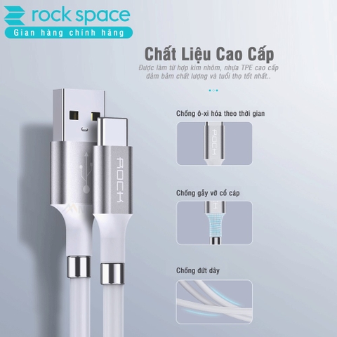 Cáp sạc silicon nam châm Rock cho samsung và các dòng androind, kết nối typeC, màu trắng, chính hãng bảo hành 1 năm