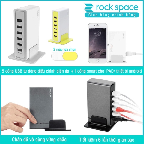 Củ sạc Rockspace để bàn 6 cổng dành cho gia đình và văn phòng hoặc cửa hàng - Hàng chính hãng bảo hành