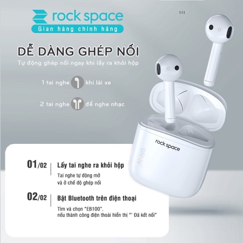 Tai nghe bluetooth không dây nhét tai Rockspace EB100, tw5, có mic, chơi game, nghe nhạc, chính hãng bảo hành 12 tháng