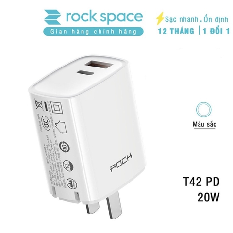 Củ sạc nhanh iPhone Rockspace T42,2 cổng USB-TypeC sạc nhanh 18w,20W,ổn định,không nóng máy,nhỏ gọn,hàng