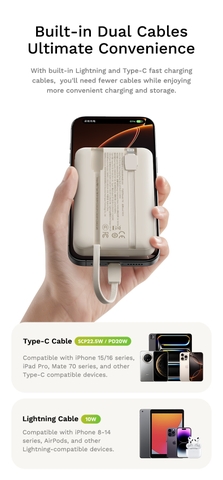 Pin sạc dự phòng tích hợp dây sạc Rockspace P95 sạc nhanh 22.5w 10000mAh hàng chính hãng có BH