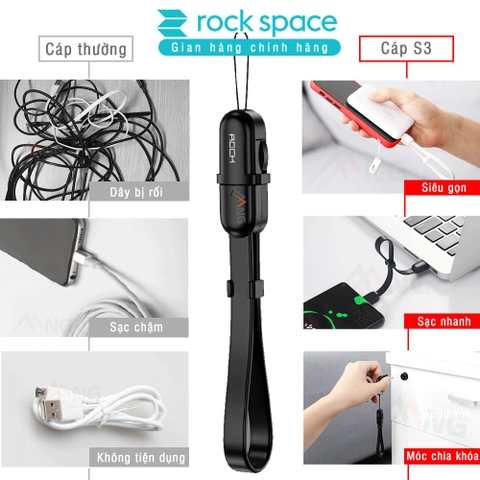 Dây cáp sạc typeC Rockspace S3 dành cho điện thoại kiêm móc khóa độ dài 21cm hàng chính hãng bảo hành 12 tháng