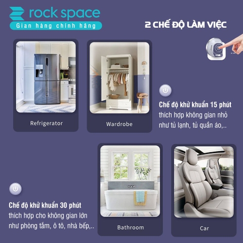 Máy tạo Ozone diệt khuẩn, khử mùi Rockspace O3 dùng trên xe hơi, phòng tắm, tủ quần áo, 2 màu xanh, bạc Hàng chính hãng