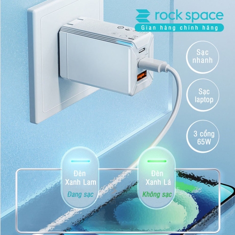 Củ sạc nhanh PD 65W Rockspace 3 Cổng USB Type C 4.0 3.0 PD sạc nhanh cho điện thoại laptop Hàng chính hãng có BH