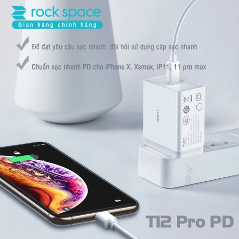 Củ sạc nhanh cho iphone Rockspace T12 pro chuẩn sạc nhanh PD 20W, cổng ra typeC hàng chính hãng bảo hành 12 tháng