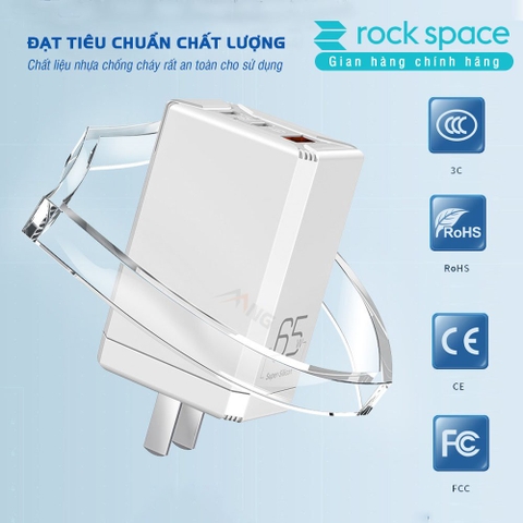 Củ sạc nhanh PD 65W Rockspace 3 Cổng USB Type C 4.0 3.0 PD sạc nhanh cho điện thoại laptop Hàng chính hãng có BH