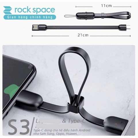 Dây cáp sạc typeC Rockspace S3 dành cho điện thoại kiêm móc khóa độ dài 21cm hàng chính hãng bảo hành 12 tháng
