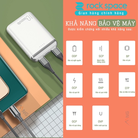 Sạc dự phòng mini chính hãng Rockspace P71 dung lượng 10.000 mAh  cho điện thoại iphone, Samsung, huawei, Oppo