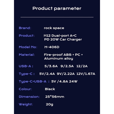 Tẩu sạc xe hơi 2 cổng sạc nhanh PD 20W Rockspace H12 Dual-port A+C  Car Charger bảo hành 12 tháng