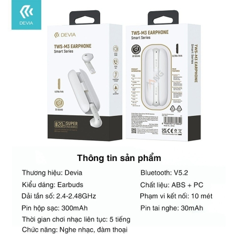 Tai nghe bluetooth không dây nhét tai Devia có mic nghe nhạc liên tục 20h hàng chính hãng có BH