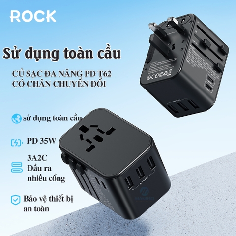 Củ sạc nhanh đa năng sạc toàn cầu 33w Rockspace T62 có chân chuyển đổi hàng chính hãng BH 12 tháng