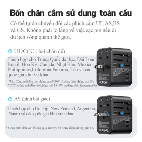 Củ sạc nhanh đa năng sạc toàn cầu 33w Rockspace T62 có chân chuyển đổi hàng chính hãng BH 12 tháng