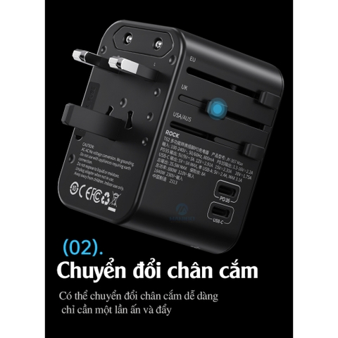 Củ sạc nhanh đa năng sạc toàn cầu 33w Rockspace T62 có chân chuyển đổi hàng chính hãng BH 12 tháng