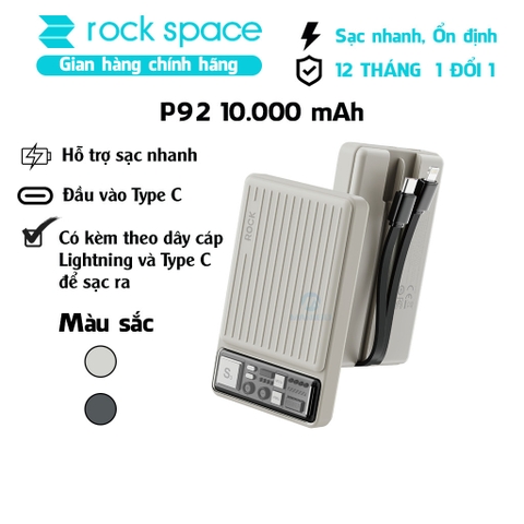 Pin dự phòng tích hợp cáp sạc 2 in 1 Rockspace P92 10000mAh sạc nhanh PD20W BH 12 tháng