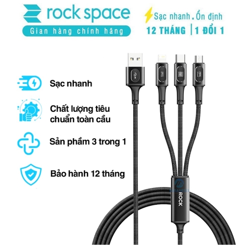 Dây cáp sạc nhanh 3 đầu iphone typeC micro Rock 3.5A độ dài 1.2m dây dù BH 12 tháng