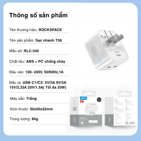 Củ sạc nhanh cho iphone 35W Rockspace T58 2 cổng TypeC ổn định hàng chính hãng bảo hành 12 tháng