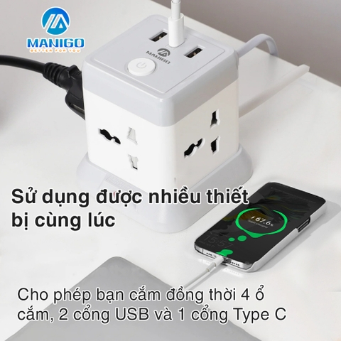 Ổ Cắm điện thông minh kéo dài dạng tháp Manigo 4 ổ 2 cổng USB TypeC dây cắm kéo dài 2,5 mét bh 3 năm