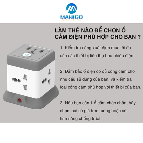 Ổ Cắm điện thông minh kéo dài dạng tháp Manigo 4 ổ 2 cổng USB TypeC dây cắm kéo dài 2,5 mét bh 3 năm